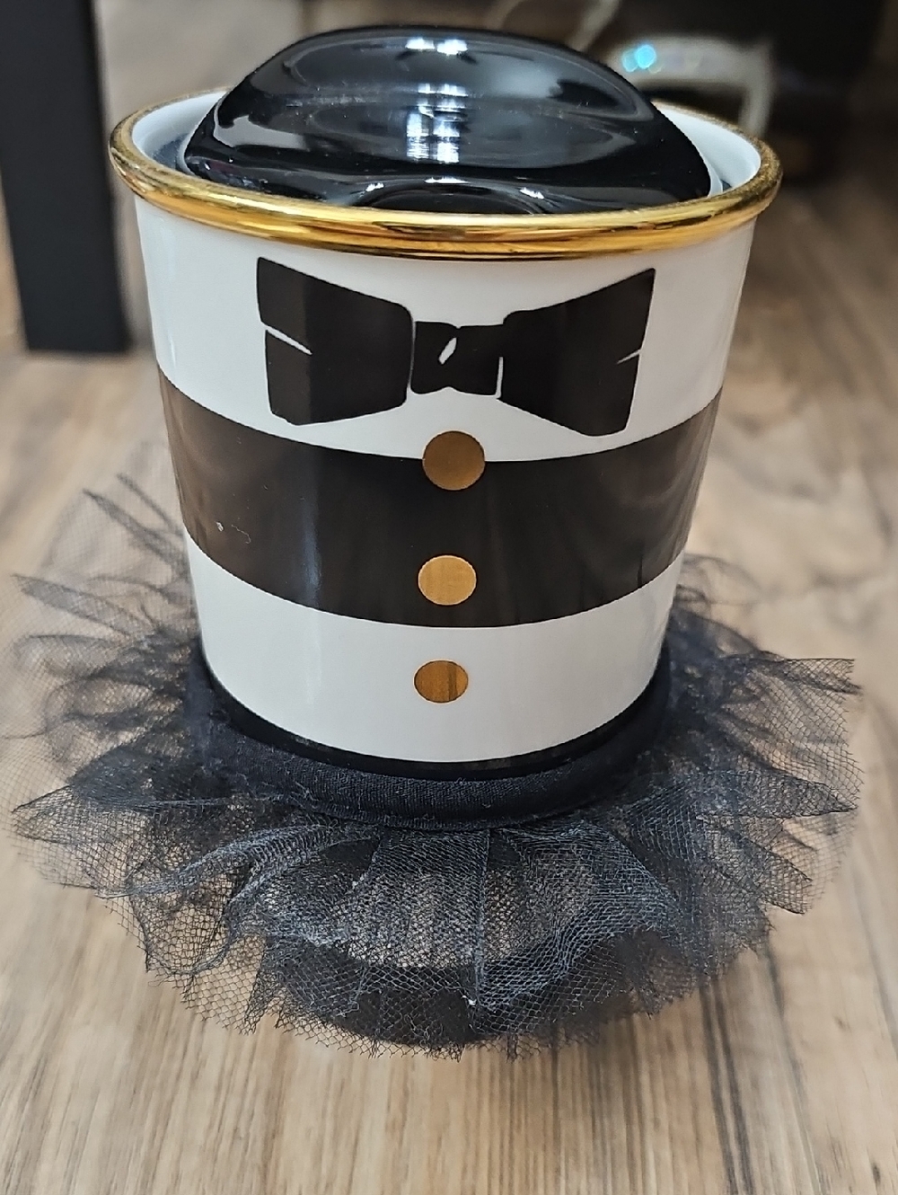 Starbucks Black and White Tuxedo Ceramic Cup with Gold Trim